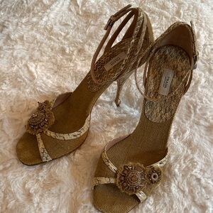 Prada Tan and Cream Raffia Heels with Embellished Design Size 39.5